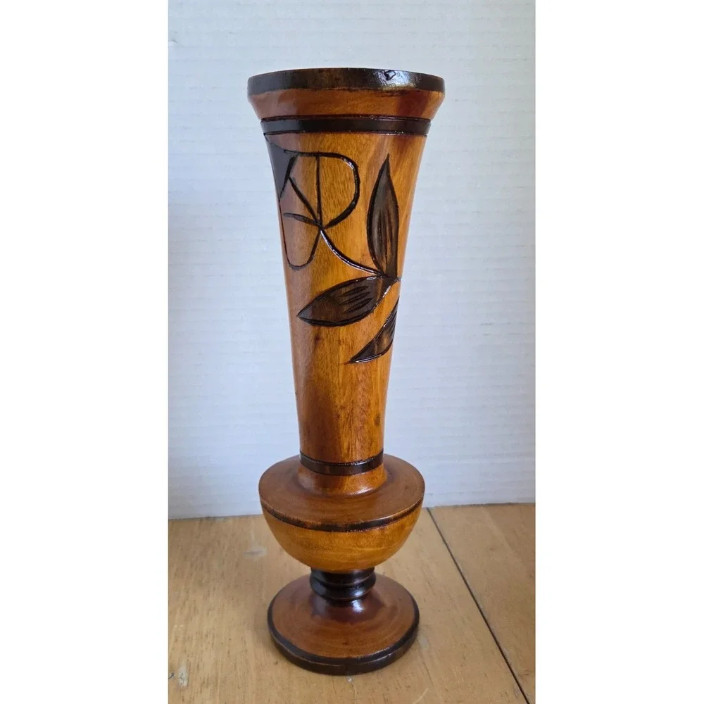 Vintage Hand Carved Turned Wooden Vase Floral and Leaf Etched Design 10 inches